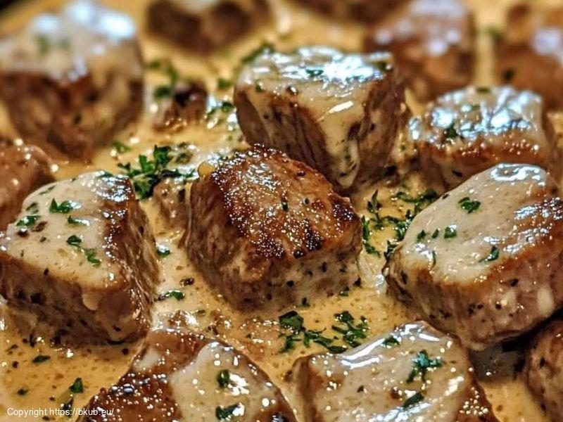 Zarte Steakwürfel in verführerischer Parmesan-Sahnesoße