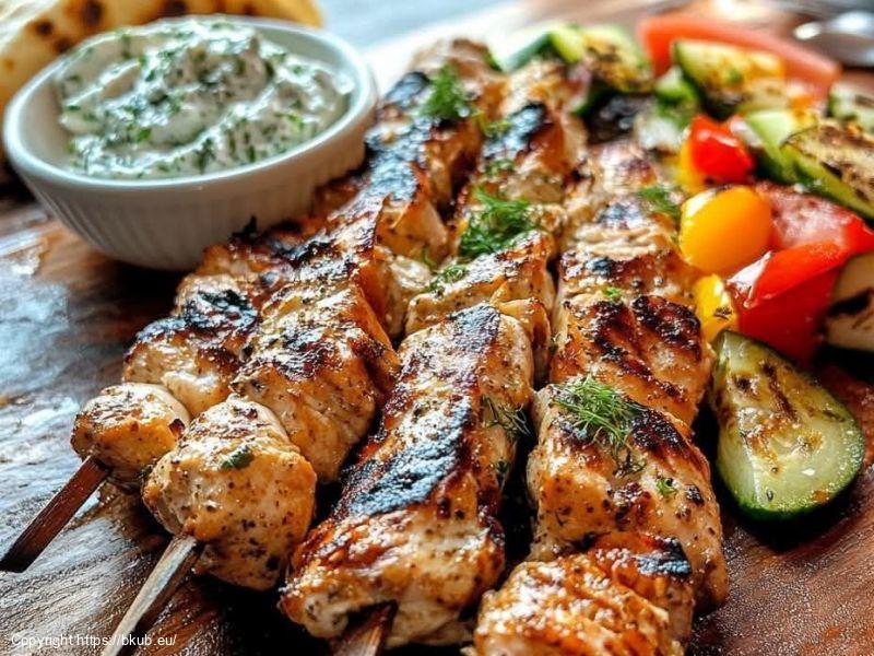 Griechische Hühnchen-Souvlaki-Spieße mit Tzatziki & Fladenbrot 